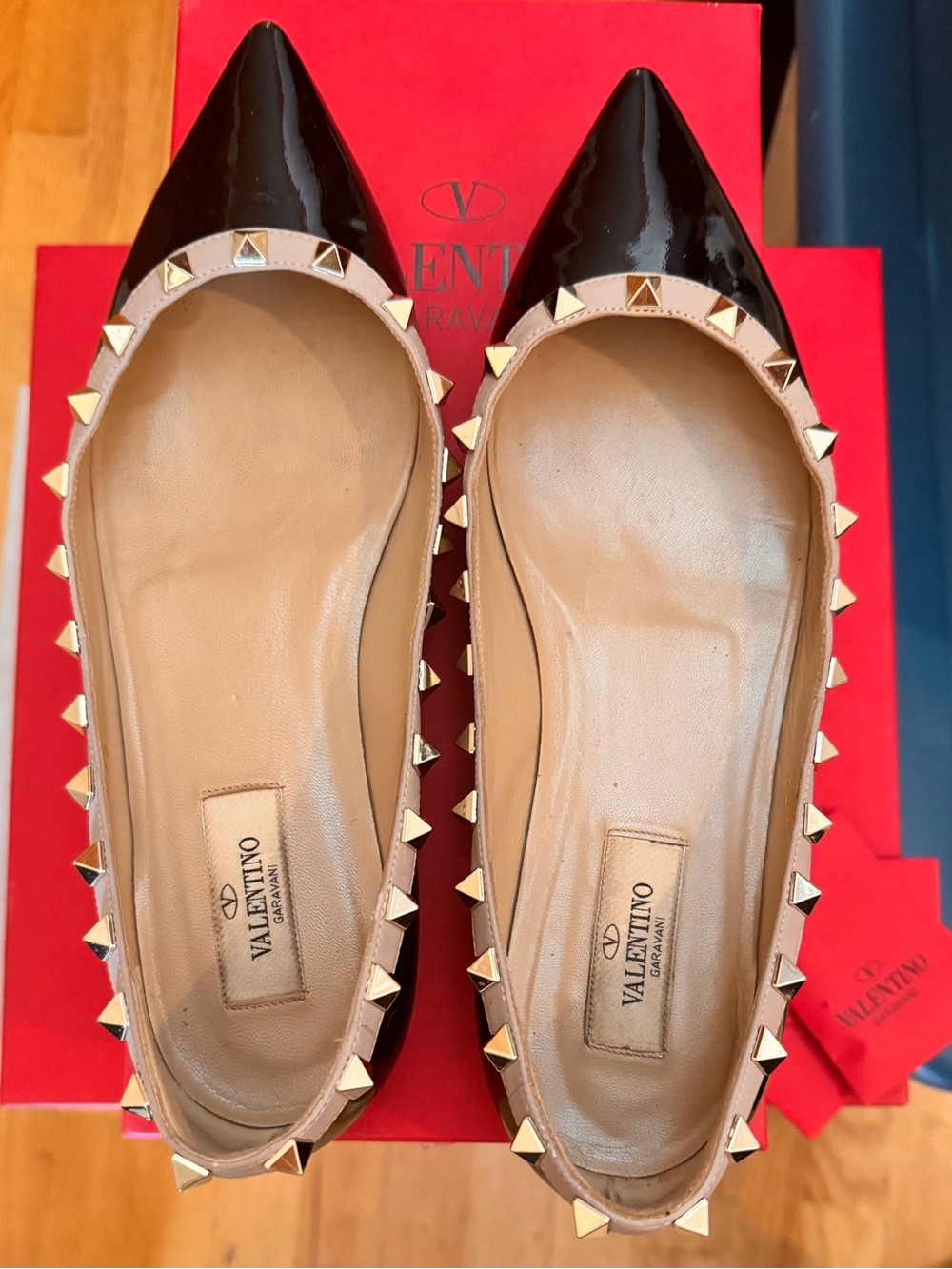 Valentino Garavani Black Patent Ballet Flats with Nude Trim and Gold Studs